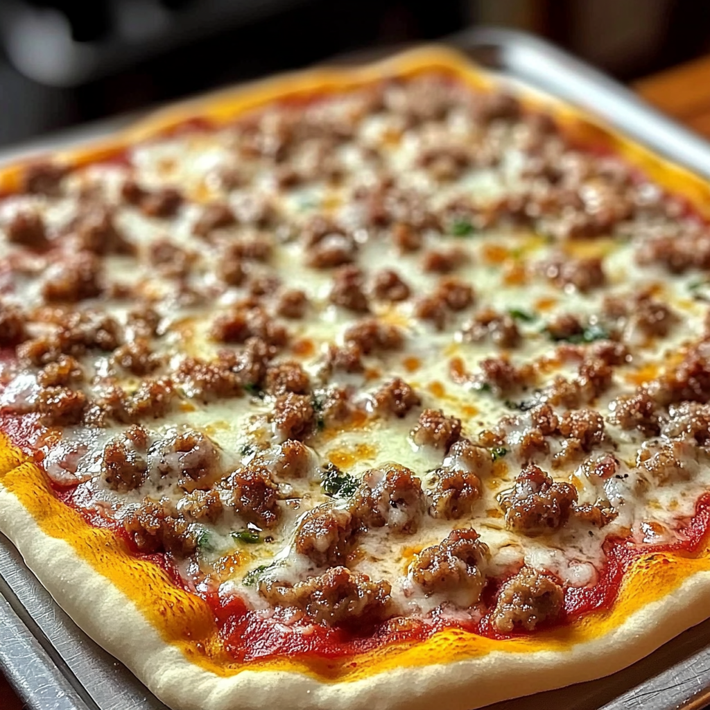 Recipe preparation for The School Pizza Sausage Cheese