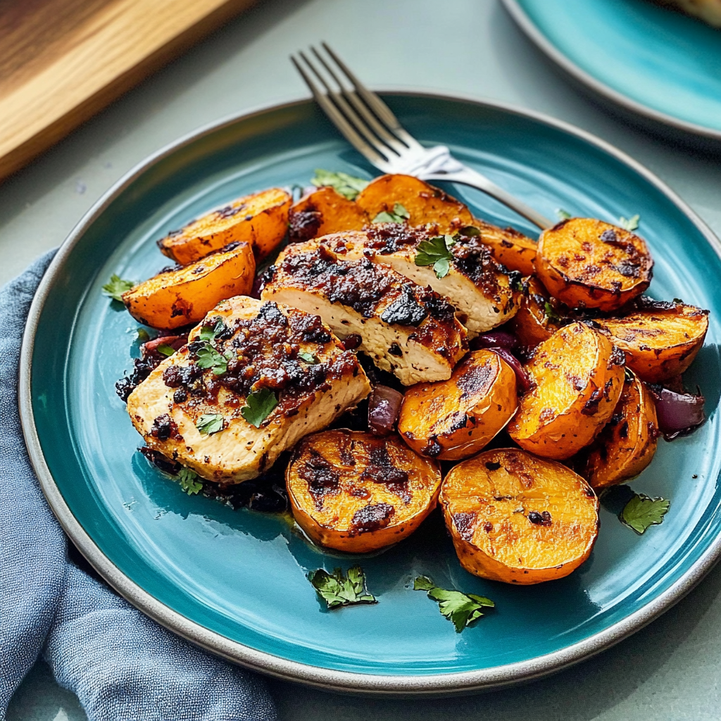 Recipe preparation for Sheet Pan BBQ Chicken and Sweet Potatoes