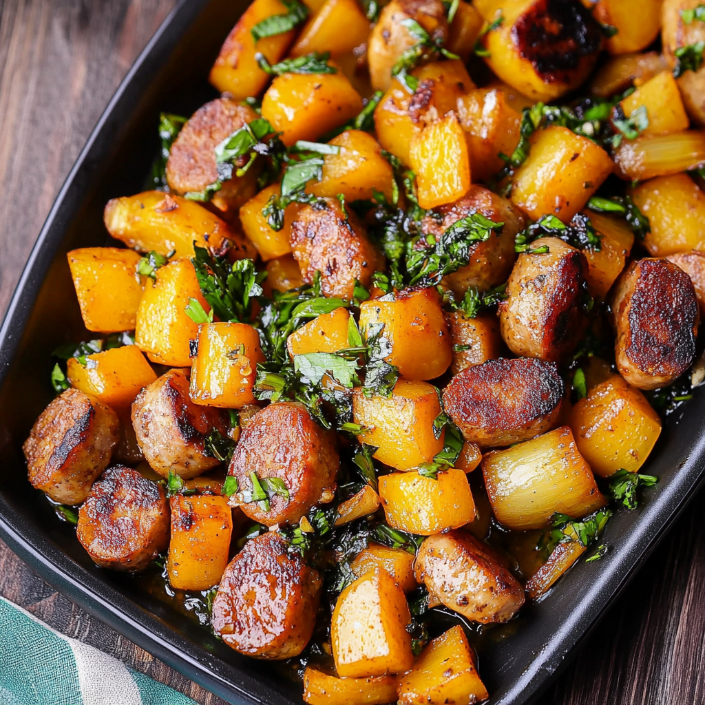 Recipe preparation for Cajun Sausage with Brussels & Butternut Squash