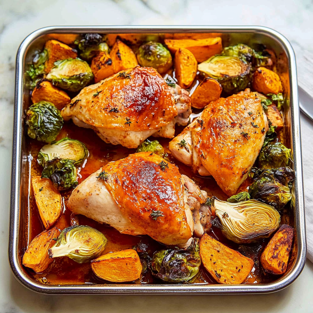 Recipe preparation for Cozy Sheet Pan Chicken with Brussels Sprouts and Sweet Potatoes