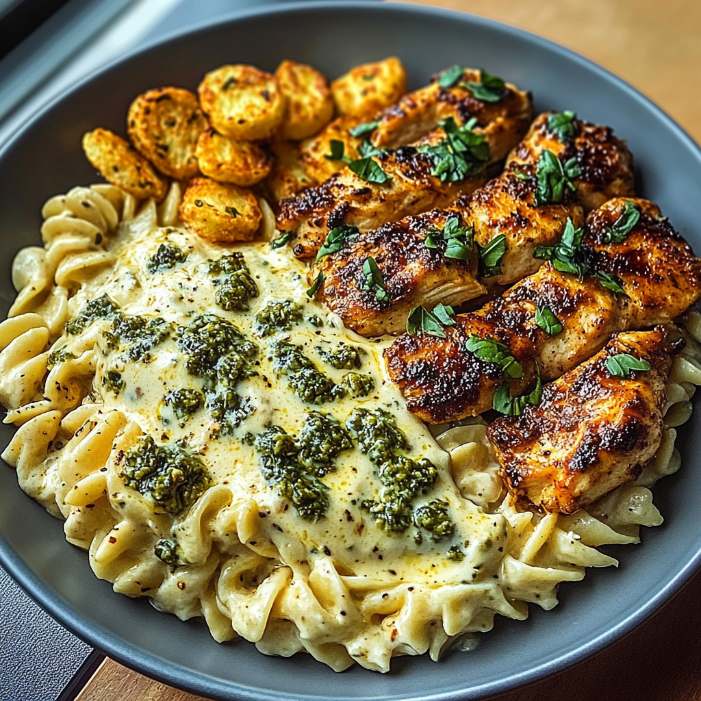 Recipe preparation for Hot Honey Cajun Chicken Alfredo with Basil Feta Swirl & Crispy Brussels Chips