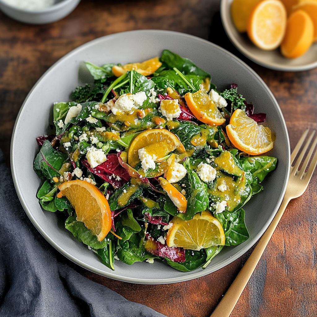 Recipe preparation for winter greens salad with citrus vinaigrette