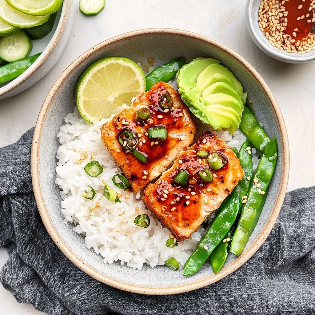 Recipe preparation for Spicy Sriracha Honey Salmon Bowl Recipe