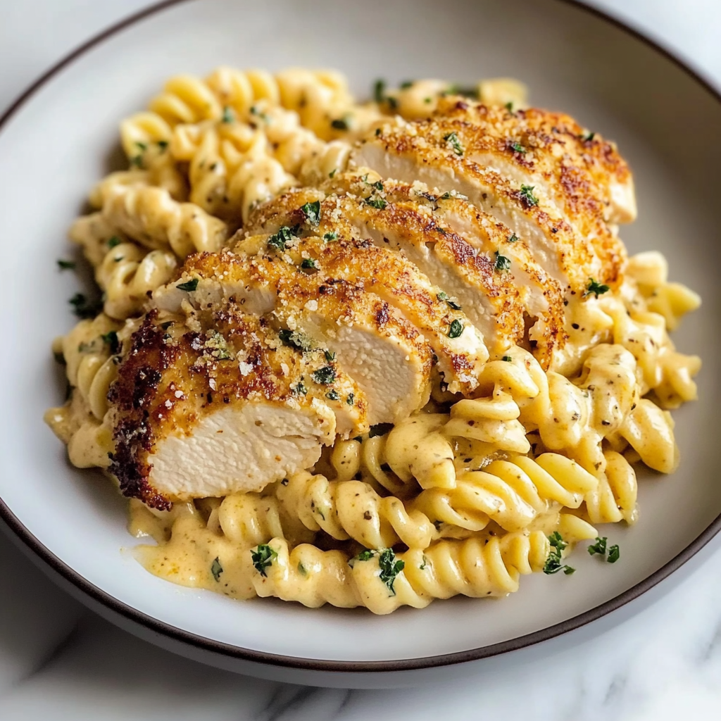Recipe preparation for Creamy Garlic Parmesan Chicken with Cheesy Twisted Pasta