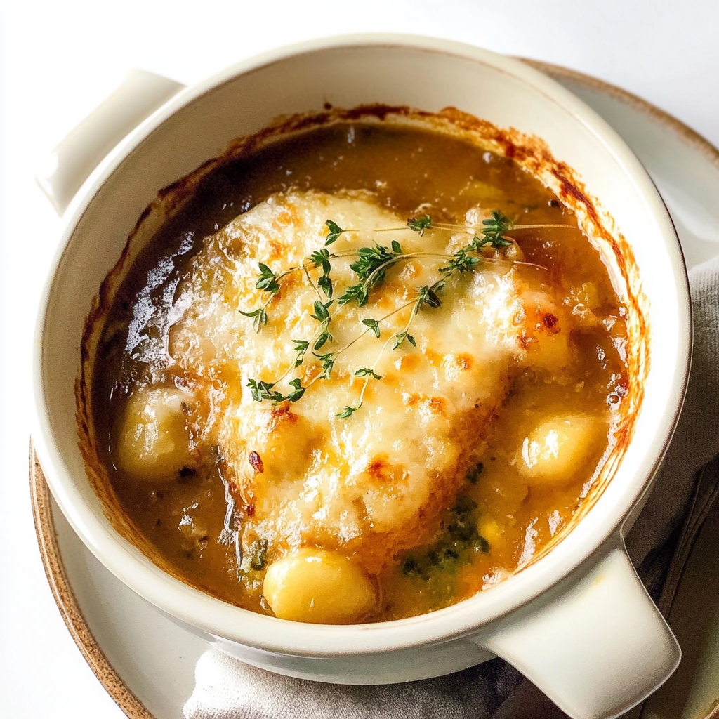 Recipe preparation for French Onion Gnocchi Soup