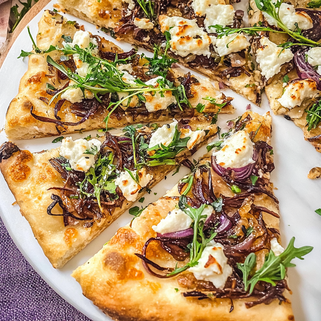 Recipe preparation for 30 minute Caramelized Onion Goat Cheese Flatbread