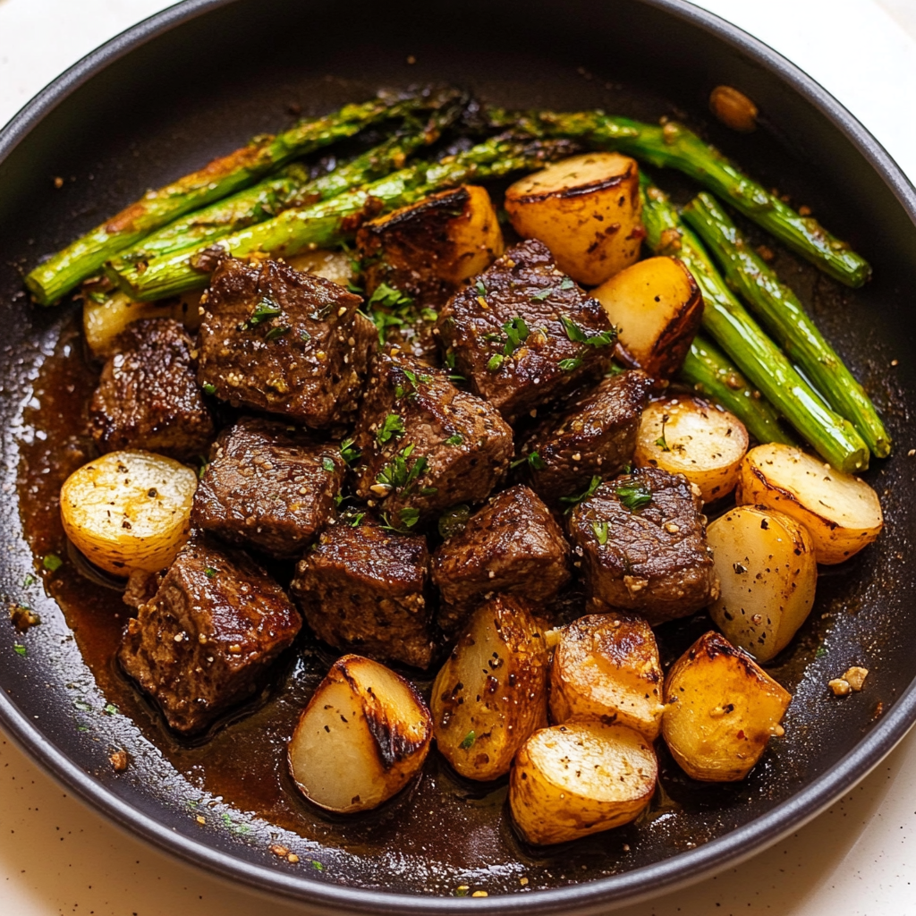 Recipe preparation for Roasted Garlic Herb Steak Tips with Vegetables