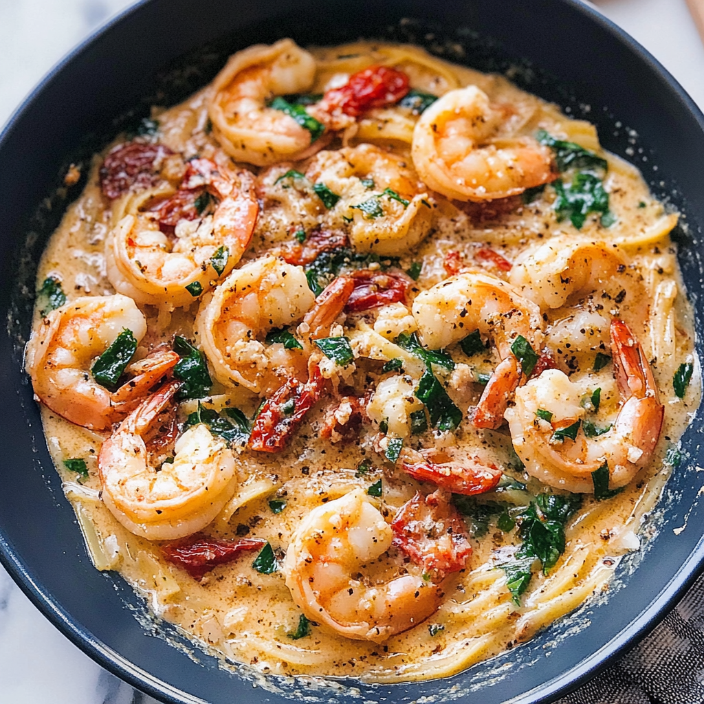 Recipe preparation for 30 minute Creamy Sun-Dried Tomato Shrimp Linguine