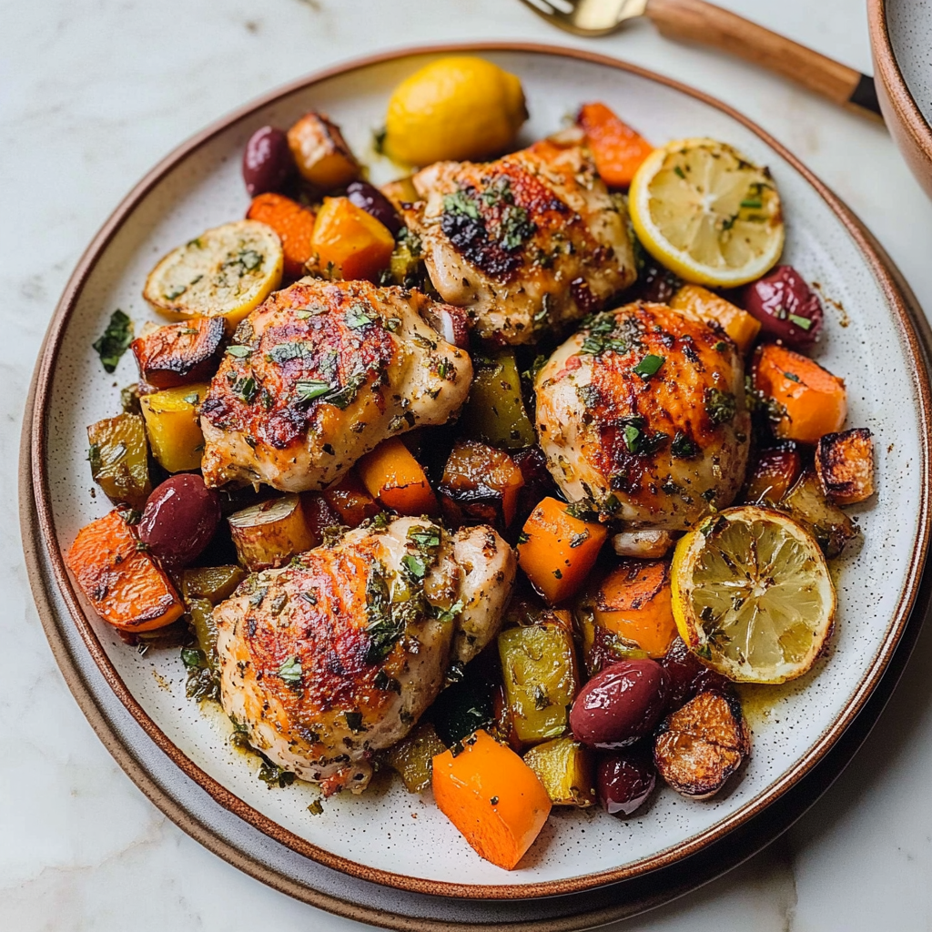 Recipe preparation for Sheet Pan Mediterranean Lemon-Olive Chicken & Veggies