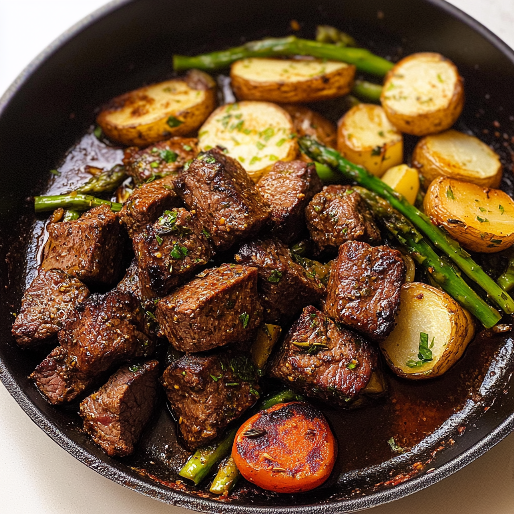 Recipe preparation for Roasted Garlic Herb Steak Tips with Vegetables