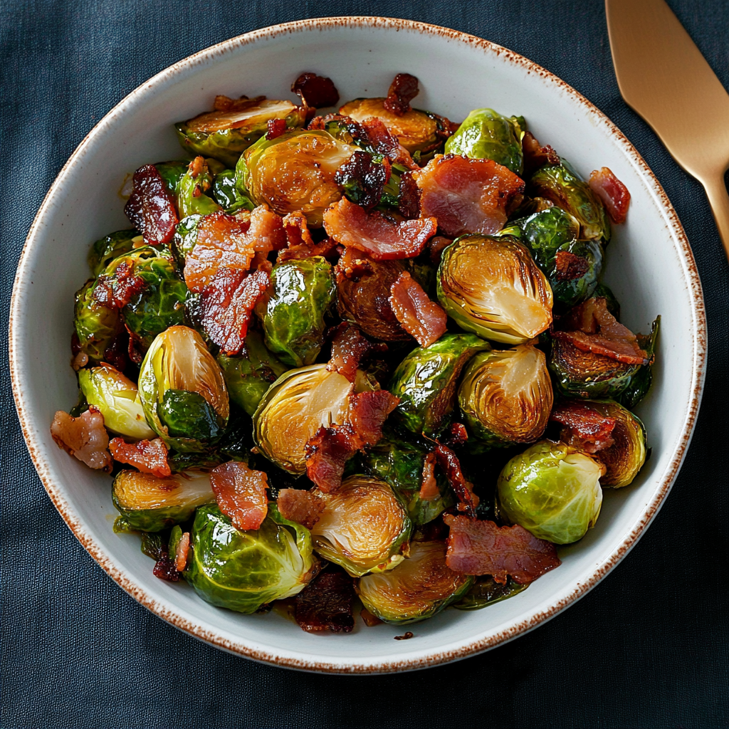 Recipe preparation for Maple Dijon Brussels Sprout & Bacon Medley