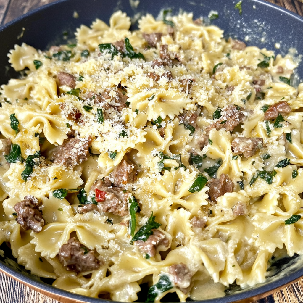 Recipe preparation for Creamy Parmesan Garlic Beef Bowtie Pasta