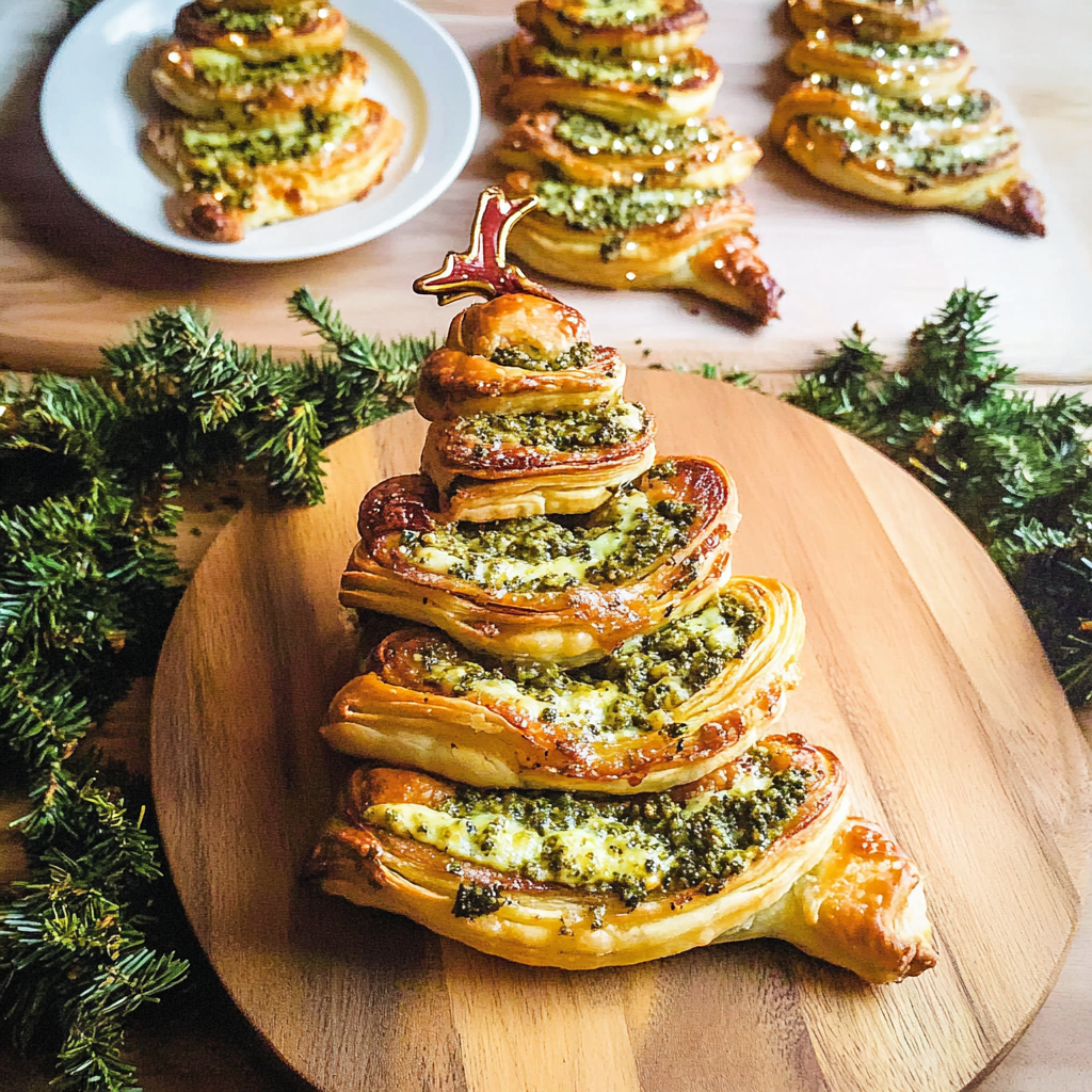 Recipe preparation for Basil Pesto Cheesy Puff Pastry Christmas Tree