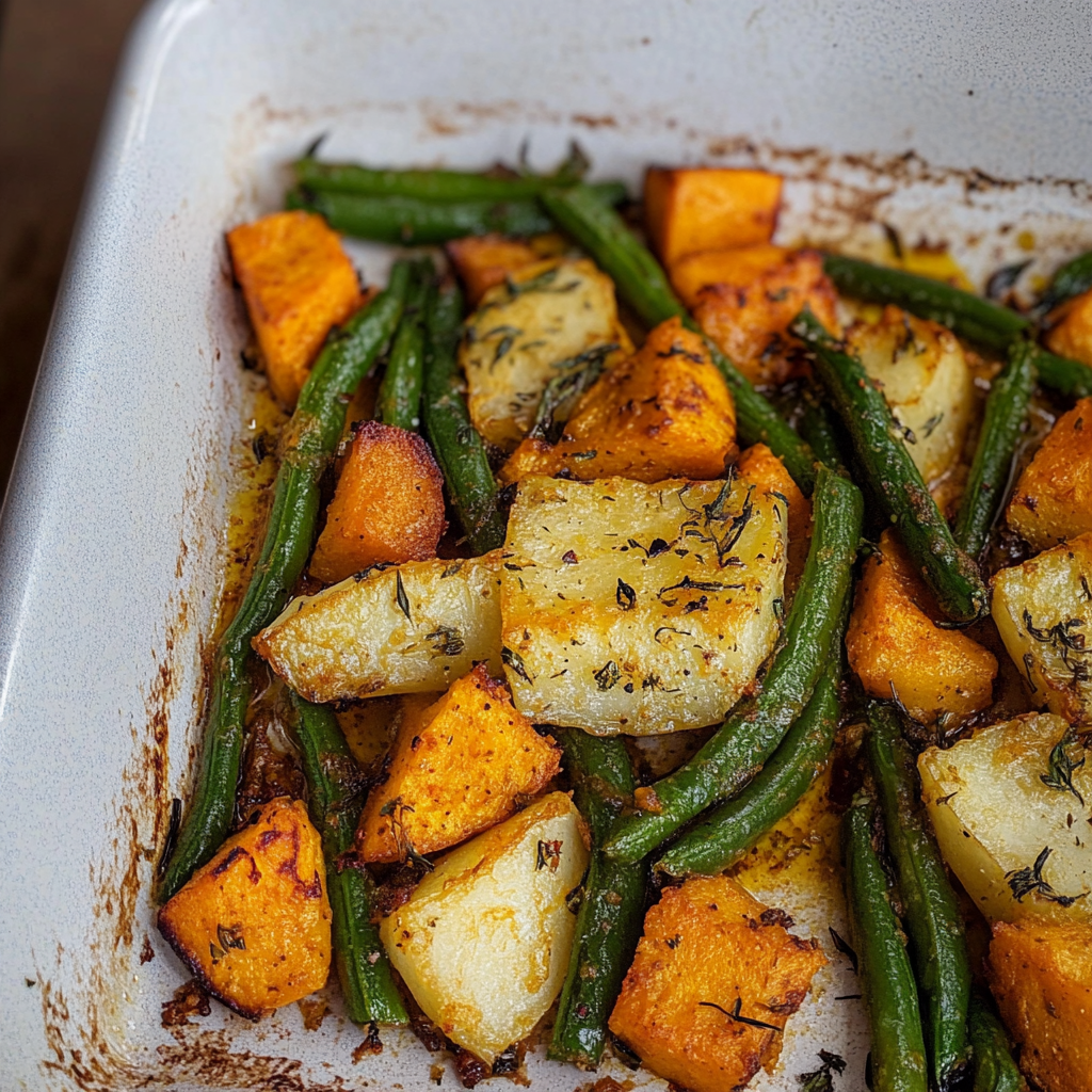 Recipe preparation for Sweet Potato & Green Bean Tray Bake