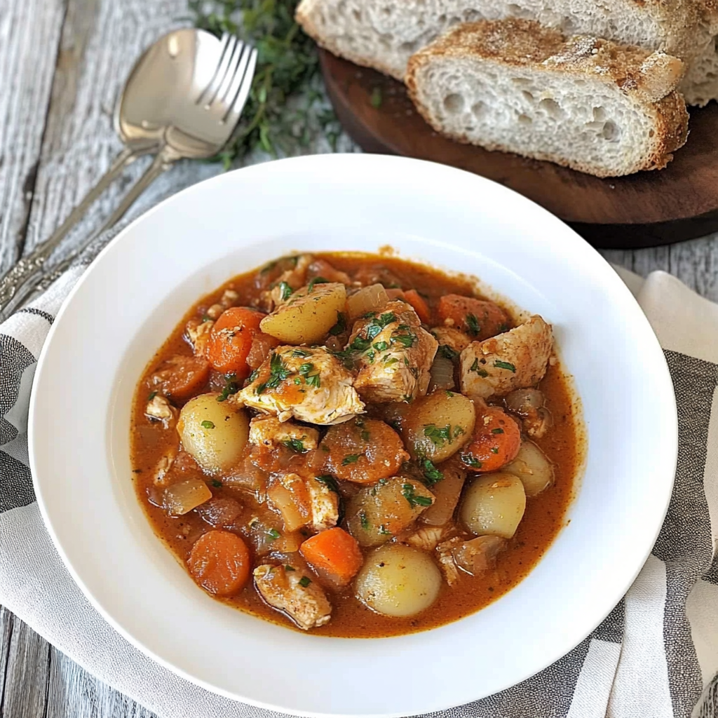 Recipe preparation for Creamy Chicken Stew with Potatoes, Carrots and Tomatoes