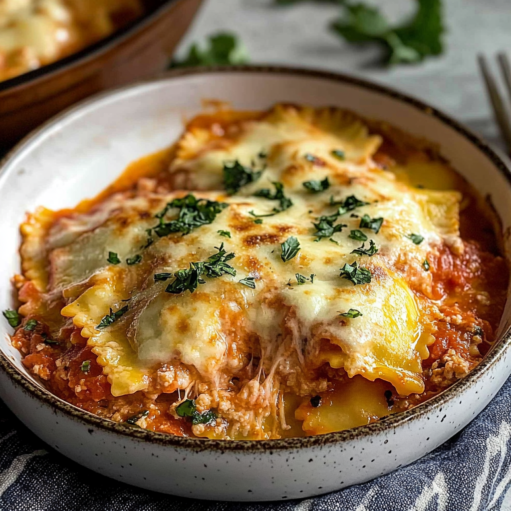 Recipe preparation for Cheesy Million Dollar Ravioli Casserole