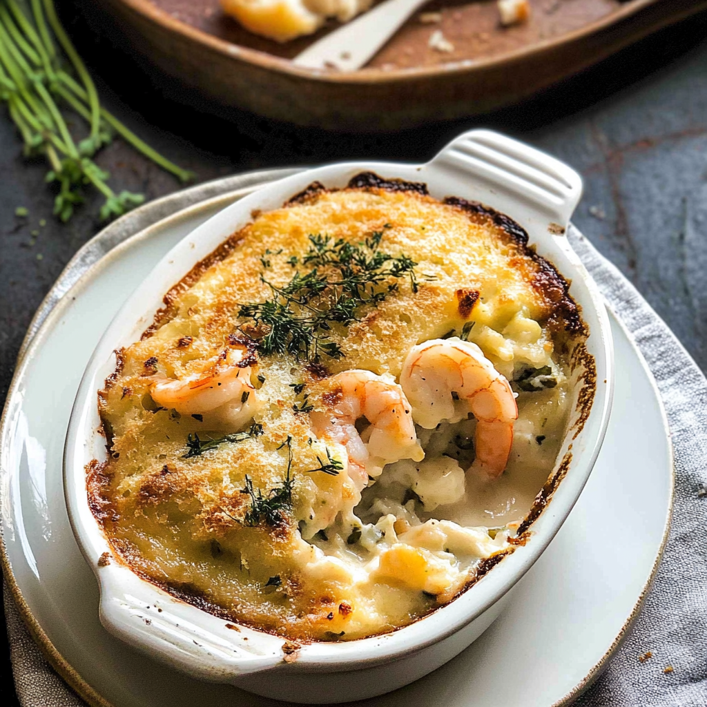 Recipe preparation for Shrimp and Crab Au Gratin – Seafood Main Dish