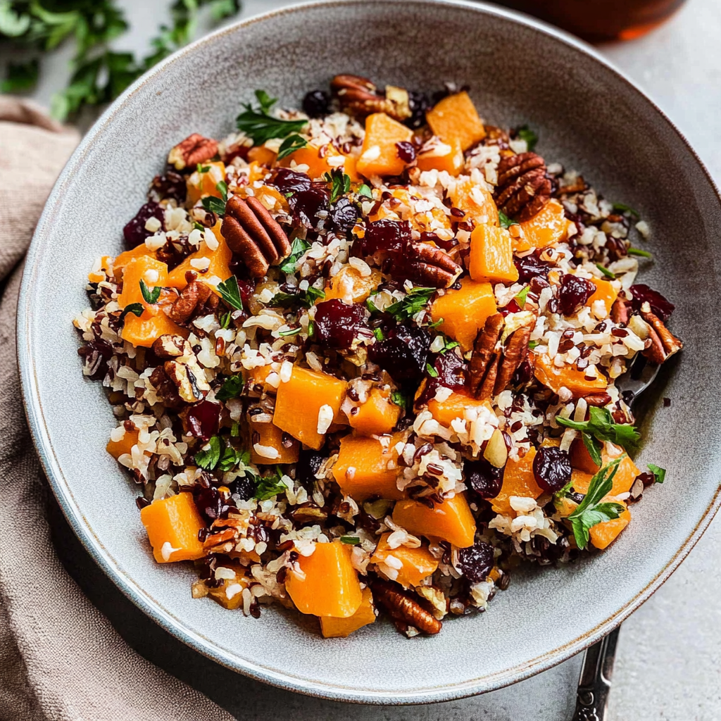 Recipe preparation for Cranberry Pecan Sweet Potato Wild Rice Pilaf