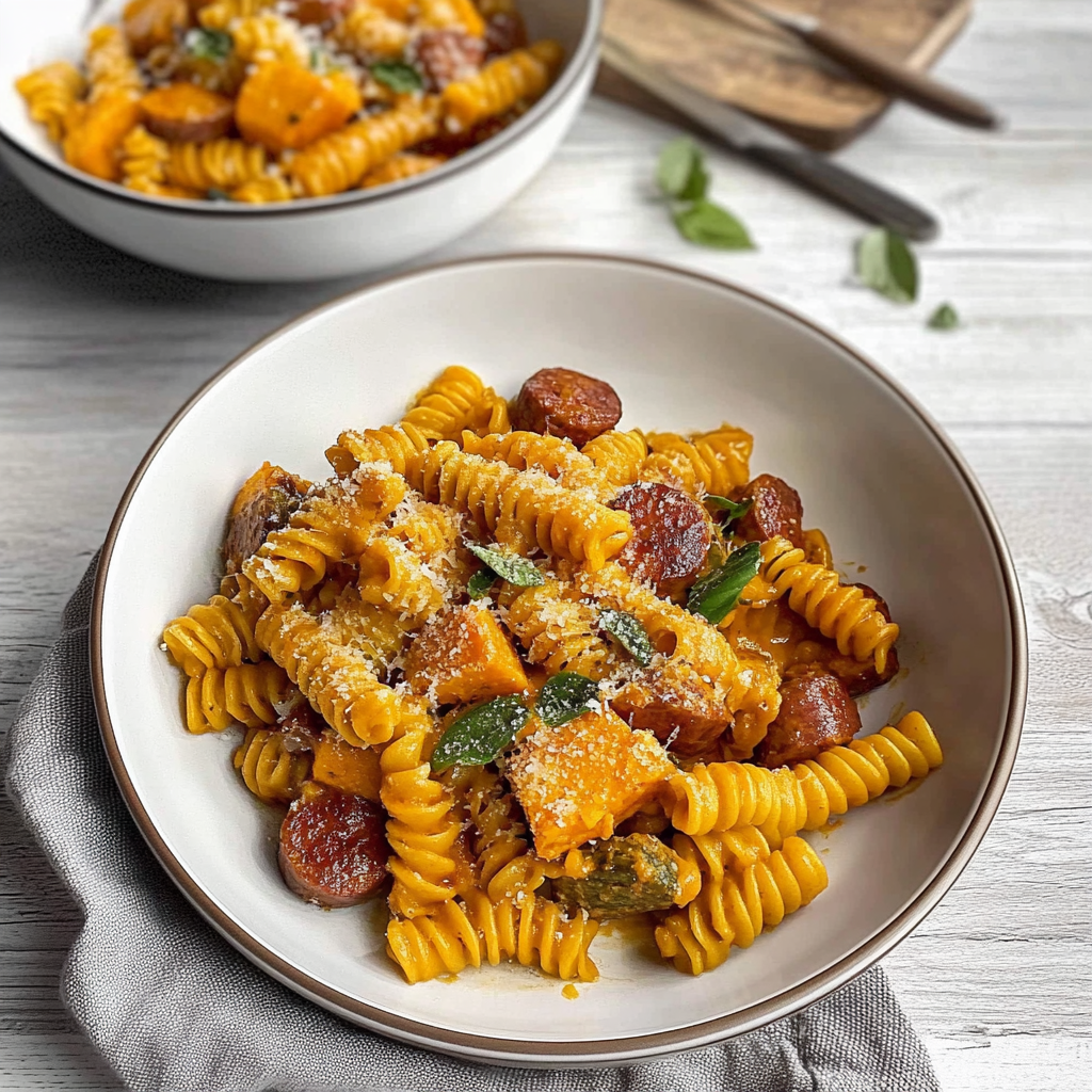 Recipe preparation for Fusilli with Pumpkin and Sausage