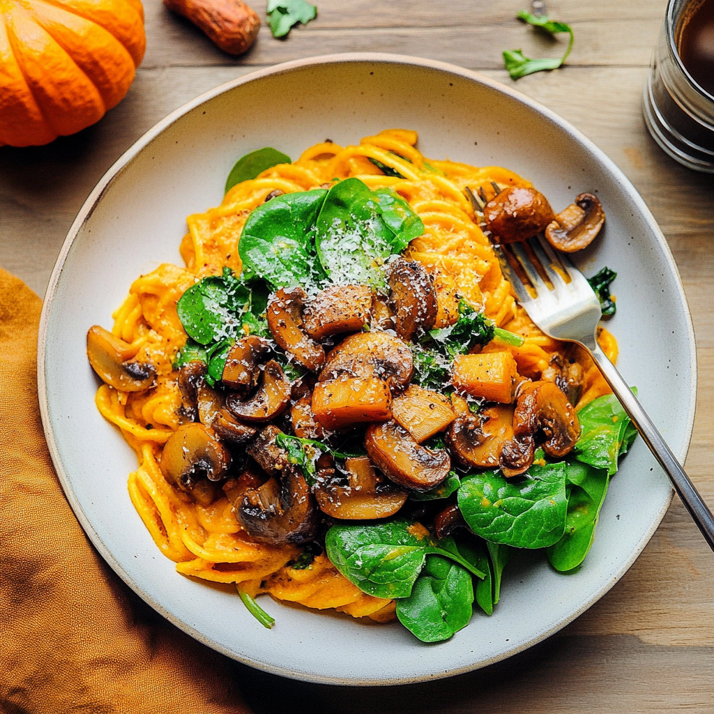 Recipe preparation for Vegan Pumpkin Pasta with Spinach and Mushrooms