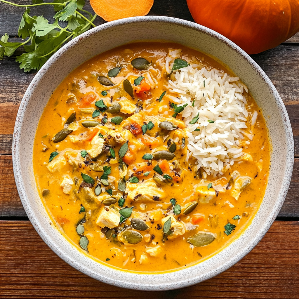 Recipe preparation for Turkey Pumpkin Curry Soup with Rice
