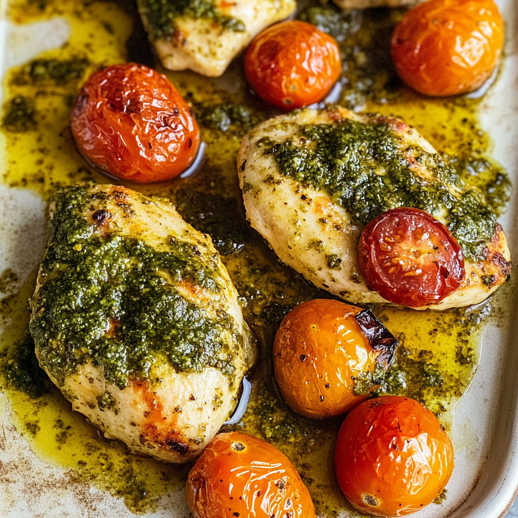 Recipe preparation for Sheet Pan Pesto Chicken and Cherry Tomatoes