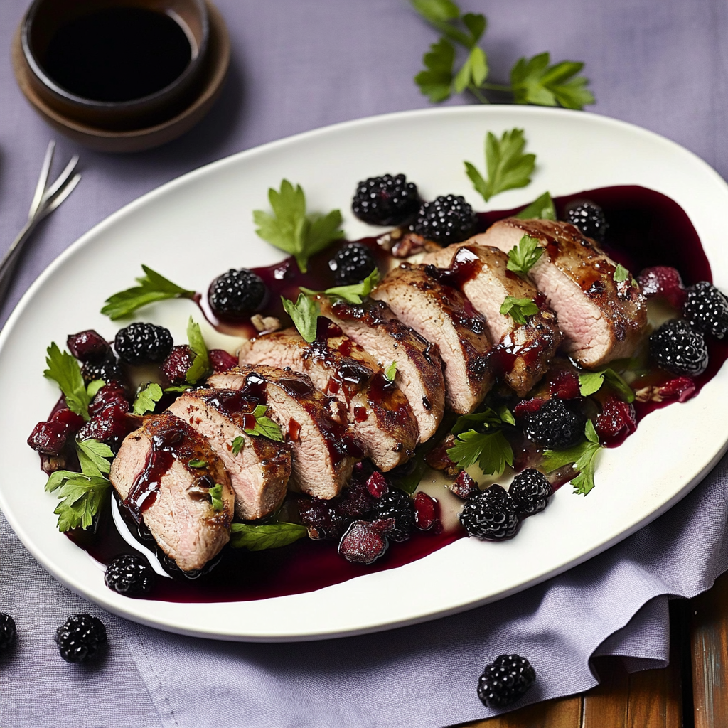 Recipe preparation for Roast Pork Tenderloin with Blackberry Sauce