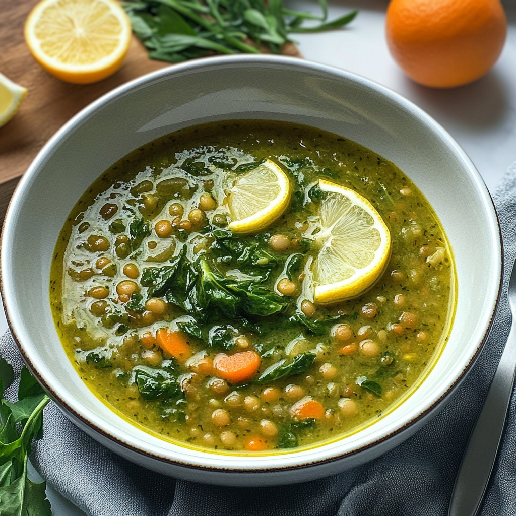 Recipe preparation for Lentil and Spinach Soup with Lemon