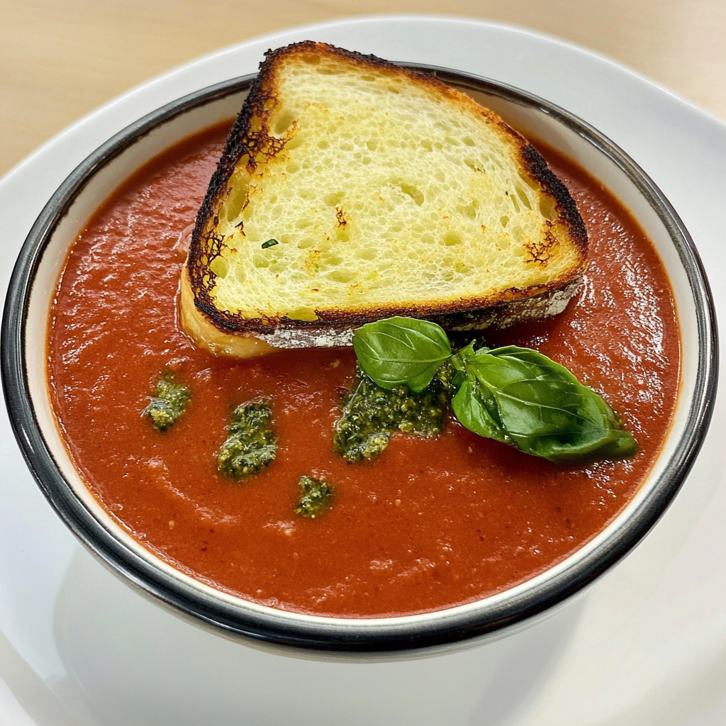 Recipe preparation for Roasted Tomato Basil Soup with Pesto Grilled Cheese