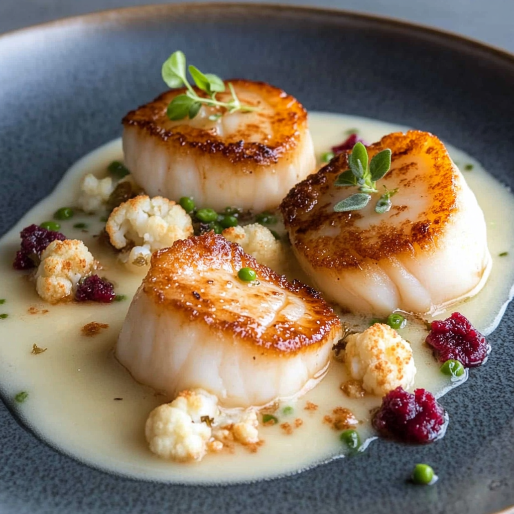 Recipe preparation for Pan-Seared Scallops with Cauliflower Puree